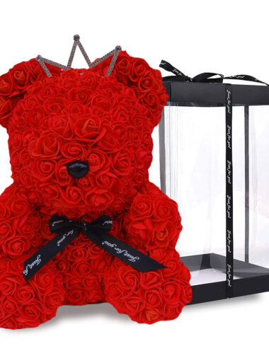 αρκουδακι με τεχνητα τριαντάφυλλα σε κουτι