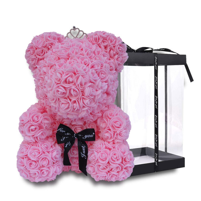 αρκουδακι με ροζ τεχνητα τριαντάφυλλα σε κουτι